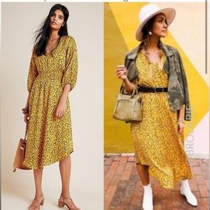 Anthropologie Marigold Midi Dress Floral Yellow V Neck Puff Sleeves
Size…